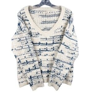 Knit V Neck Sweater Womens Blue Cream S/M Textured Pullover Shimmer
